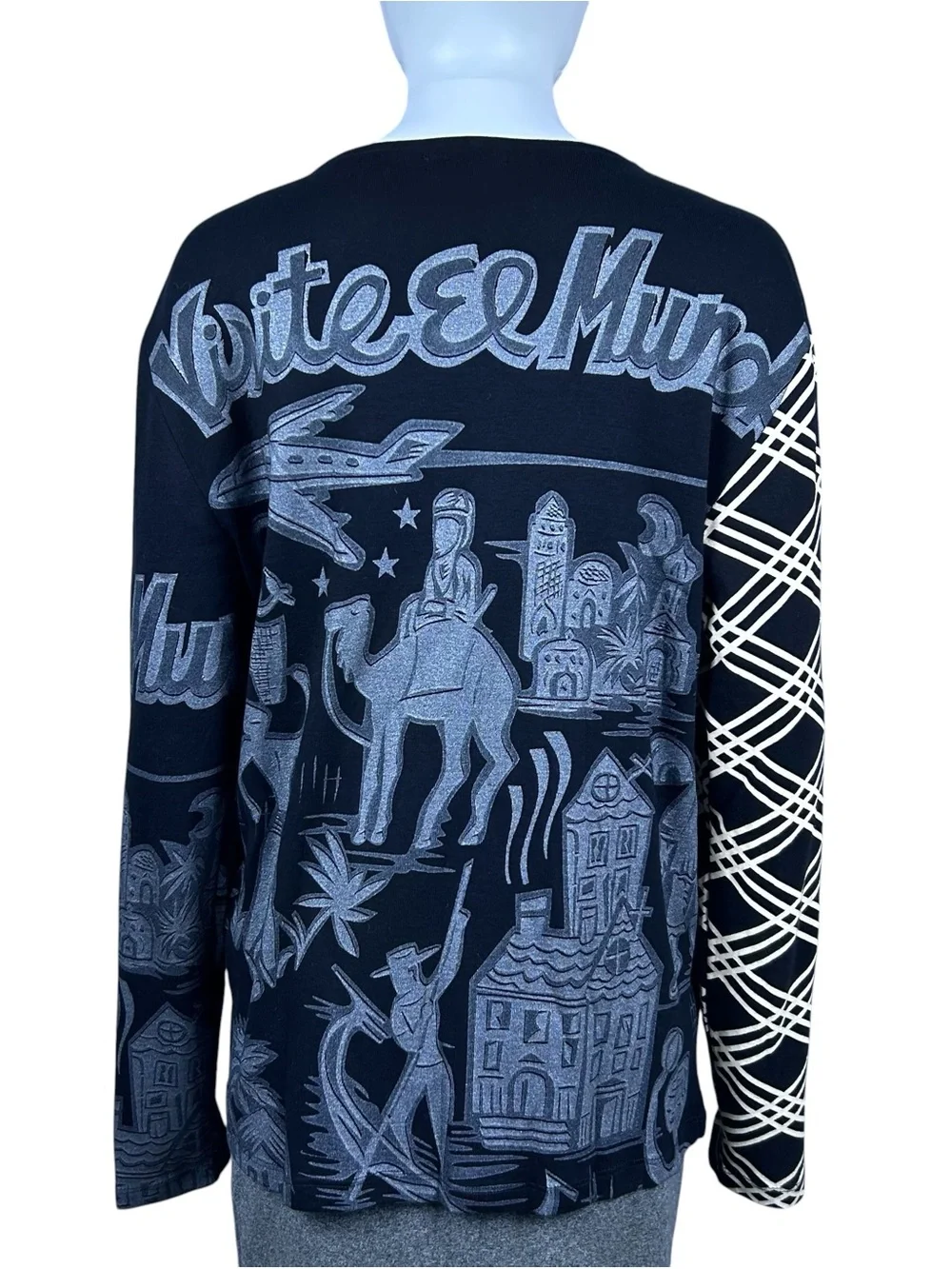 Vintage 90s Custo Barcelona Blue Tower Graphic Print Long Sleeve Top S Rare Y2K